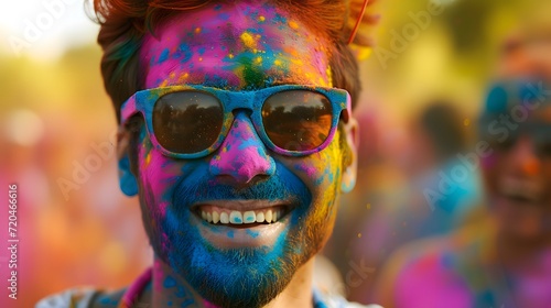 Holi background filled with vibrant colors, people celebrating the festival of colors.
