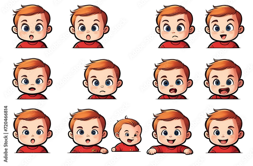 A set of illustrations of icons of different emotions on the face of a small baby, highlighted on a white background A set of illustrations of icons of different emotions on the face of a small baby, highlighted on a white background
