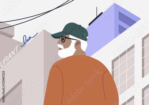 A middle aged man experiences the marvel of visiting a big city for the first time, captivated by the grand view of towering skyscrapers, the awe and wonder that accompany exploring a cityscape