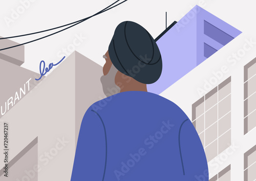 A senior Indian man experiences the marvel of visiting a big city for the first time, captivated by the grand view of towering skyscrapers, the awe and wonder that accompany exploring an cityscape