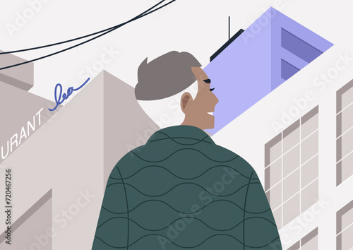 A senior lady experiences the marvel of visiting a big city for the first time, captivated by the grand view of towering skyscrapers, the awe and wonder that accompany exploring an urban landscape