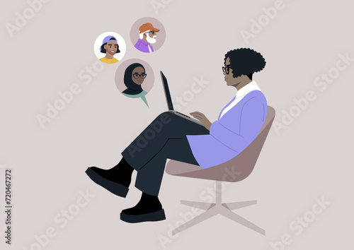 The confident African woman conducts a video conference call, comfortably seated in a chair, the image portrays a poised and professional demeanor as she engages in virtual communication
