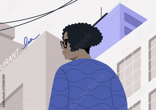 A middle aged woman experiences the marvel of visiting a big city for the first time, captivated by the grand view of towering skyscrapers, the awe and wonder that accompany exploring a cityscape