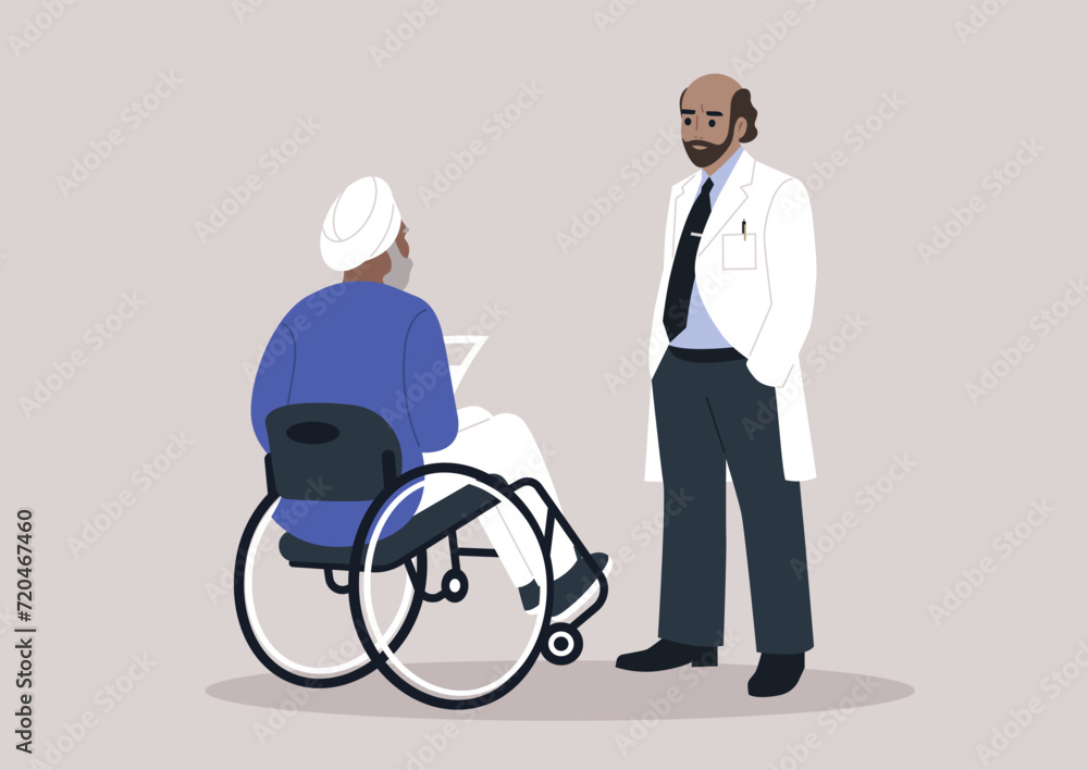 A healthcare worker engages in a compassionate discussion about a diagnosis with a senior patient seated in a wheelchair A healthcare worker engages in a compassionate discussion about a diagnosis with a senior patient seated in a wheelchair