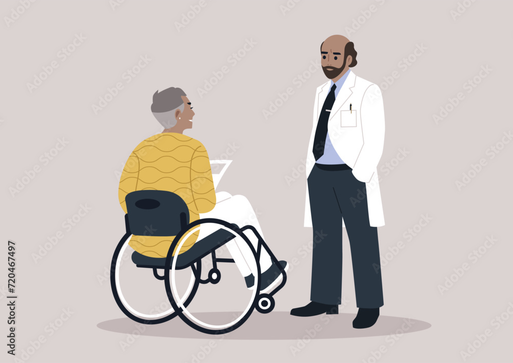 A healthcare worker engages in a compassionate discussion about a diagnosis with a senior patient seated in a wheelchair