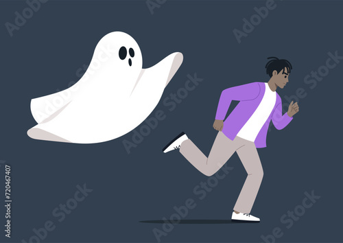 Young character sprints away from the ghost of the past, a haunting and frightening moment, a symbolic escape, an effort to overcome a panic attack and break free from the grip of unsettling memories