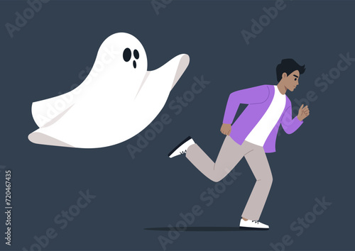 Young character sprints away from the ghost of the past, a haunting and frightening moment, a symbolic escape, an effort to overcome a panic attack and break free from the grip of unsettling memories