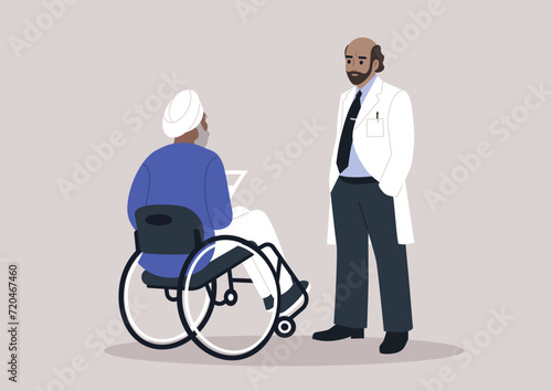 A healthcare worker engages in a compassionate discussion about a diagnosis with a senior patient seated in a wheelchair
