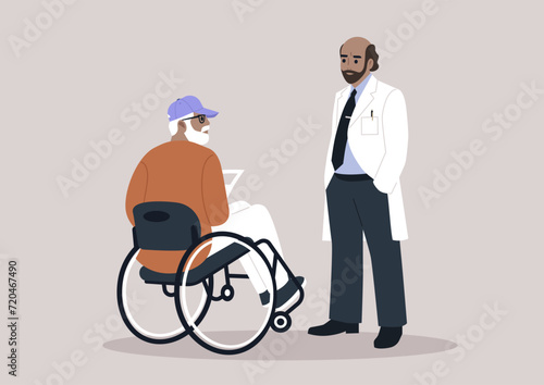 A healthcare worker engages in a compassionate discussion about a diagnosis with a senior patient seated in a wheelchair