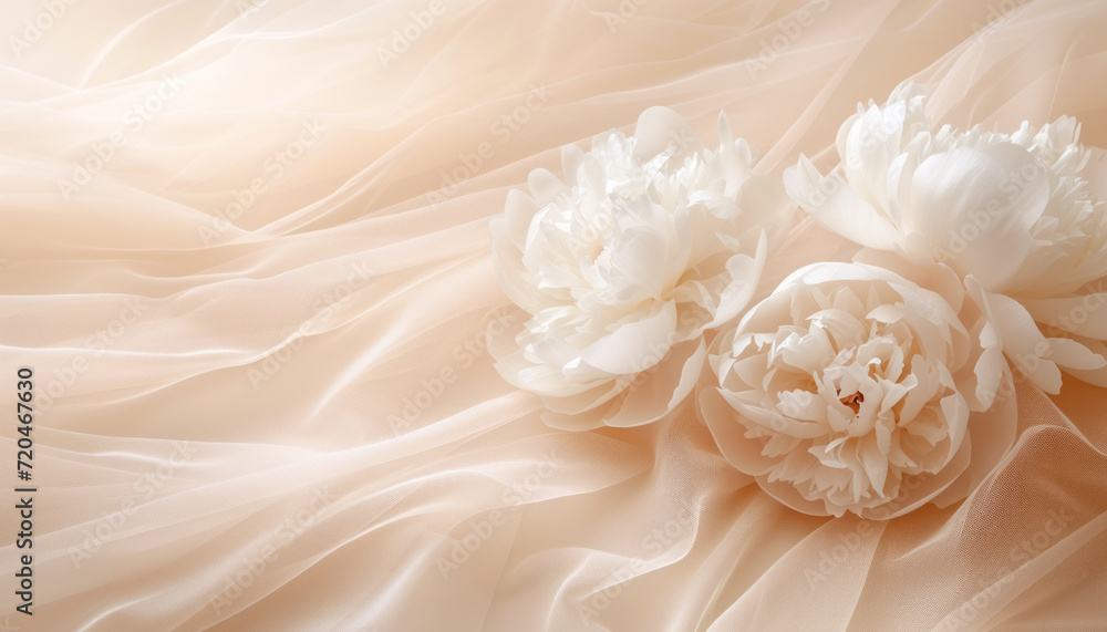 Fototapeta premium Aesthetic textile background with peony flowers for branding, wedding invitation and blogging. Minimal fabric boho style backdrop in neutral beige colors.