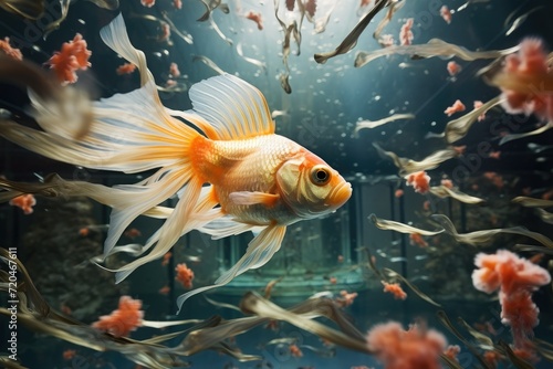 Goldfish in the aquarium Beautiful underwater scenery , Ai generated