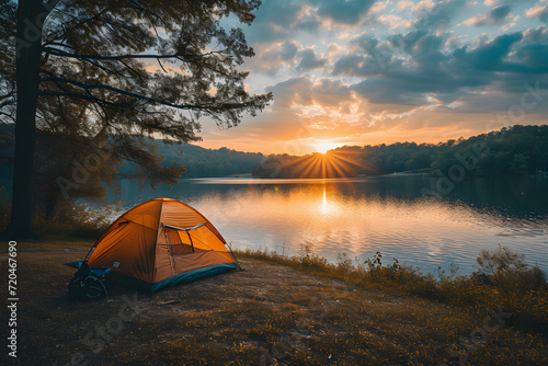 camping tent set up near a lake at sunrise