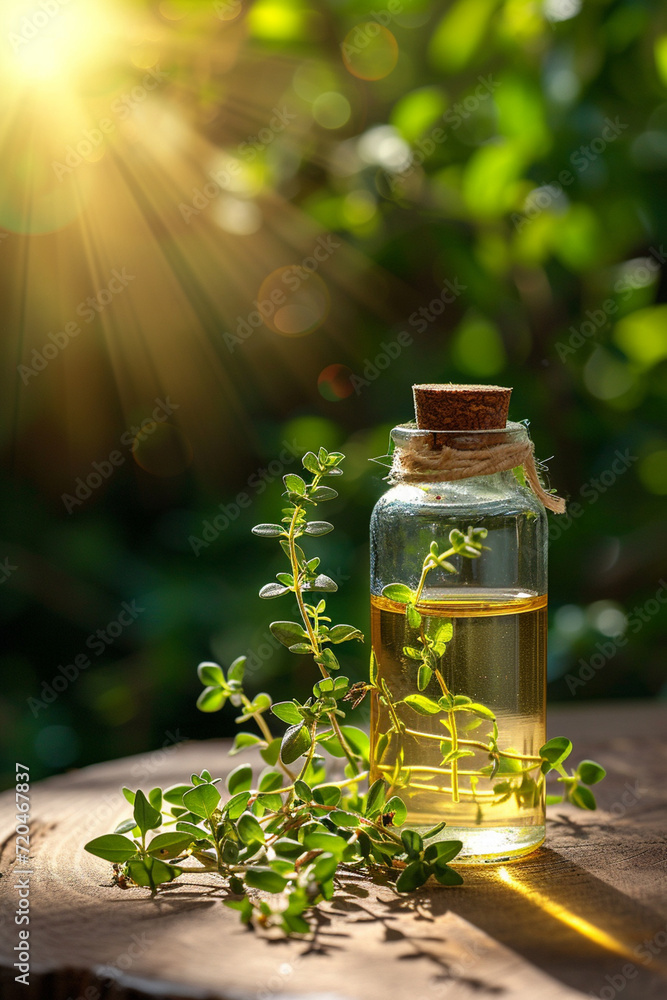 jar with thyme essential oil extract on a wooden background jar with thyme essential oil extract on a wooden background