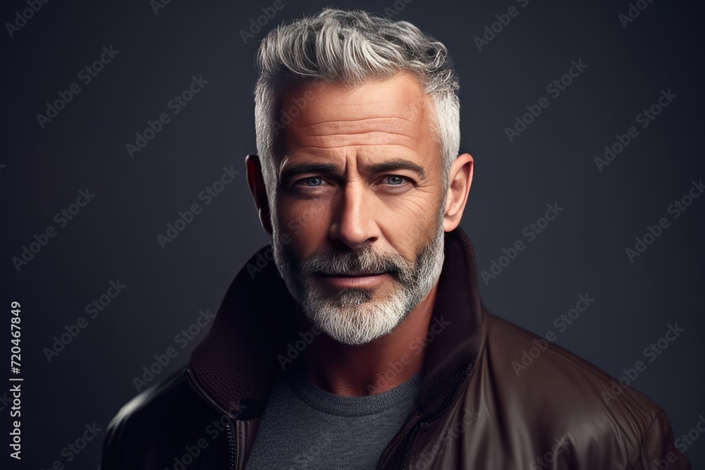 Portrait of a Handsome Mature Man with Silver Hair and Stubble