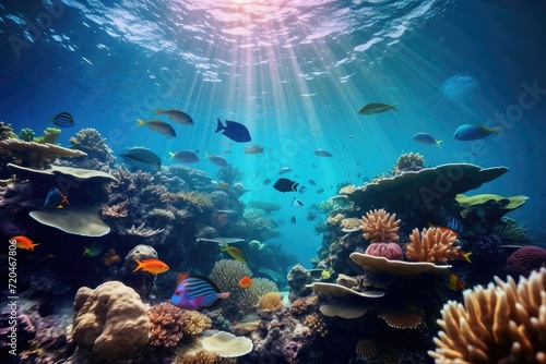Tropical sea underwater fishes on coral reef. Aquarium oceanarium wildlife colorful marine panorama landscape nature snorkel diving  coral reef and fishes