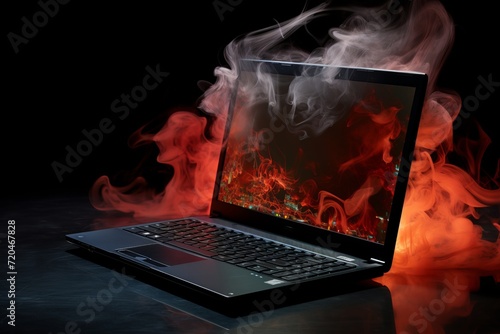 Realistic photo of laptop engulfed in flames with dark grey smoke and dramatic lighting