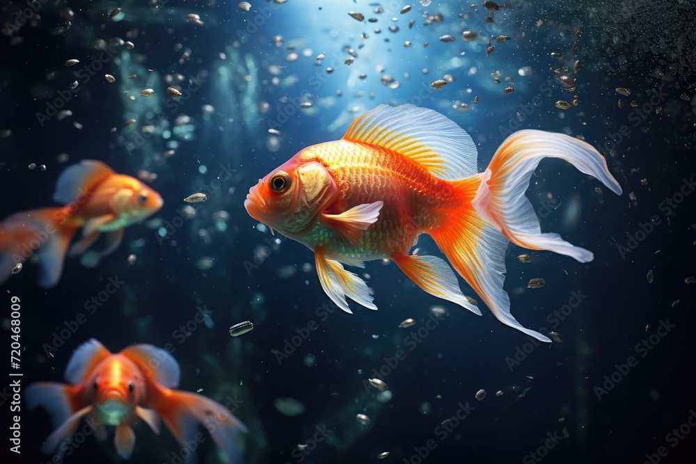 Fototapeta premium Goldfish in the aquarium Beautiful underwater, The tank is filled with beautiful and colorful gold fish that are swimming around, Ai generated