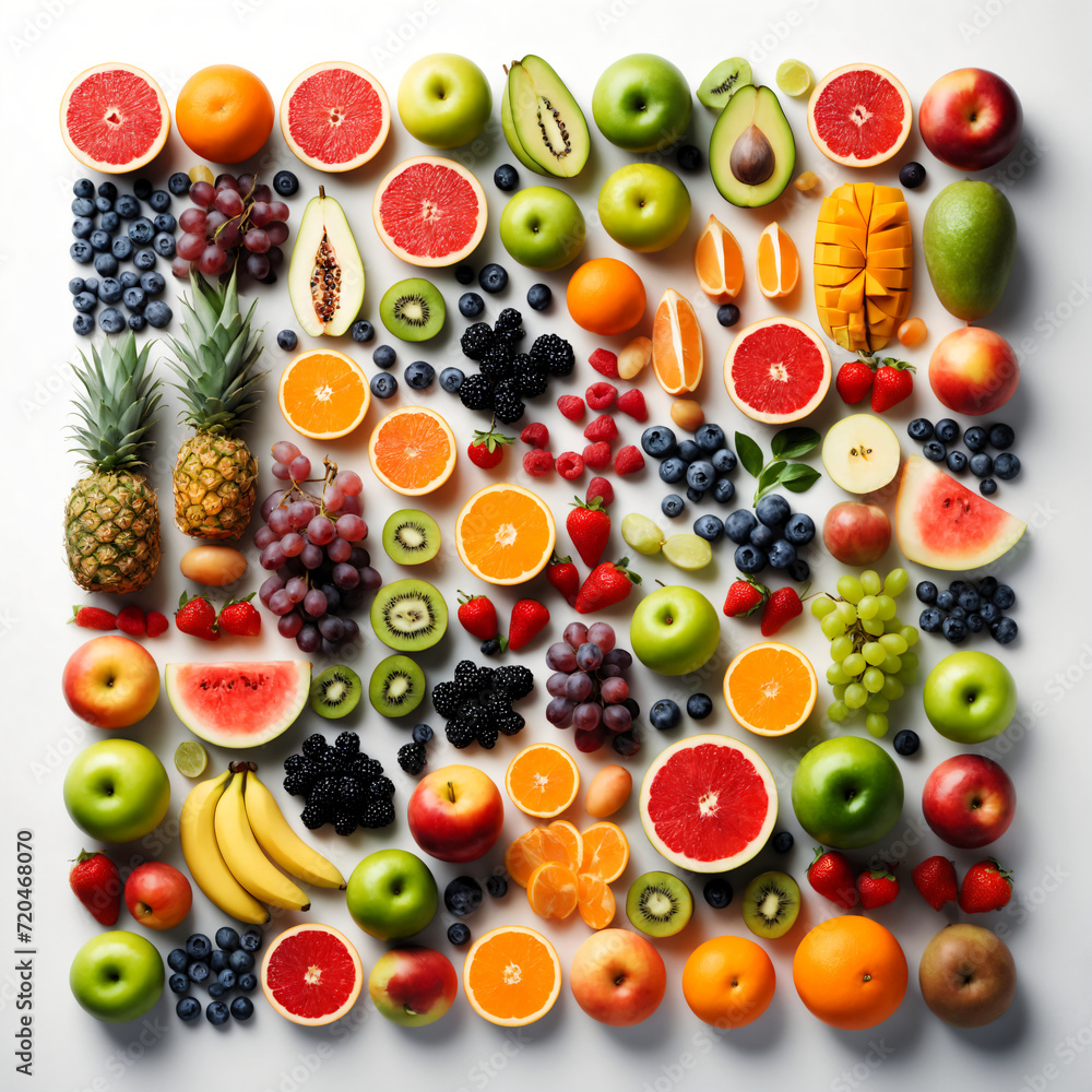 A variety of fruits spread out on a white background A variety of fruits spread out on a white background