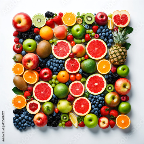 A variety of fruits spread out on a white background