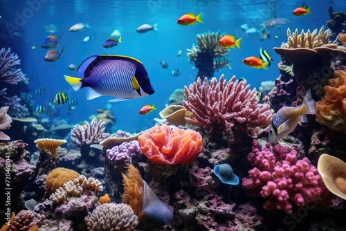 Tropical sea underwater fishes on coral reef. Aquarium oceanarium wildlife colorful marine panorama landscape nature snorkel diving, coral reef and fishes © Nognapas