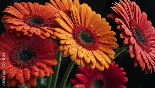 Dazzling bursts of color explode from close-up gerbera daisies  their vibrant petals glistening with morning dew drops. An ode to summer joy and nature s vibrant energy.