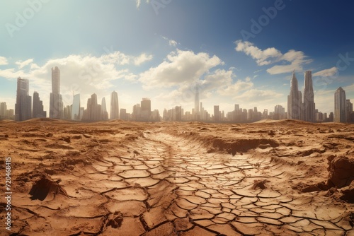 Apocalyptic Vision of a Deserted City with Cracked Earth Under a Scorching Sun