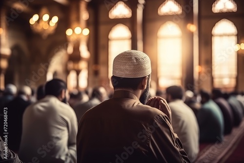 Devout Muslims Praying in a Mosque During Religious Ceremony