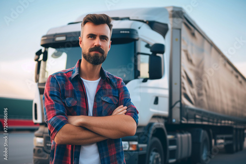 Happy truck driver posing confidently in front of his truck, making eye contact with the camera. The image exudes confidence and satisfaction in the profession. photo
