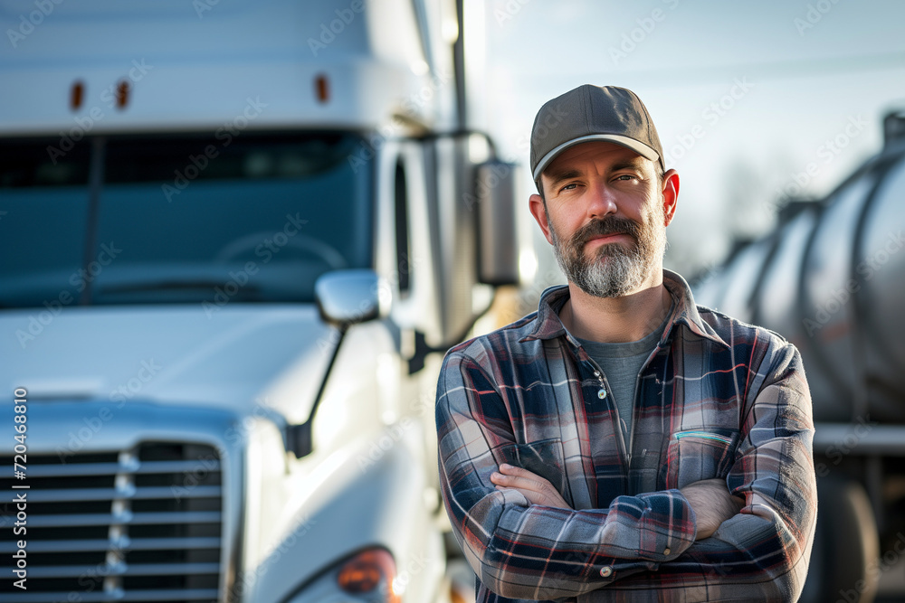 Happy truck driver posing confidently in front of his truck, making eye contact with the camera. The image exudes confidence and satisfaction in the profession. Happy truck driver posing confidently in front of his truck, making eye contact with the camera. The image exudes confidence and satisfaction in the profession.