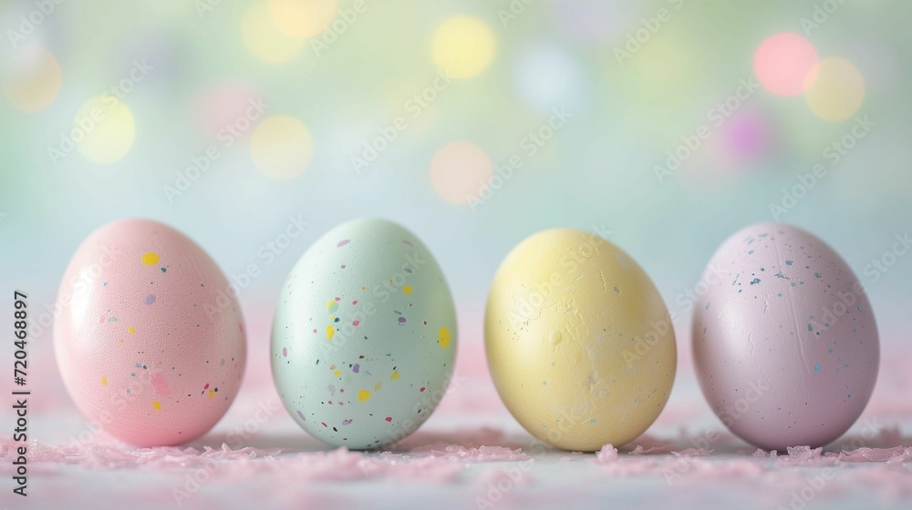 Clean and Minimal Easter Scene: Pastel-Colored Easter Eggs in a Row, Set Against a Soft Focus Background Clean and Minimal Easter Scene: Pastel-Colored Easter Eggs in a Row, Set Against a Soft Focus Background