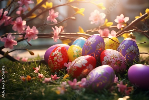 Easter Morning: Colorful Easter Eggs Hidden in a Lush Garden, Bathed in Soft Morning Light, Evoking a Joyful and Festive Mood