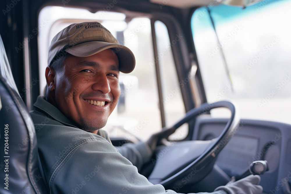 Joyful truck driver at the wheel, looking at the camera. The image portrays a content and confident professional behind the wheel, radiating satisfaction in his occupation. Joyful truck driver at the wheel, looking at the camera. The image portrays a content and confident professional behind the wheel, radiating satisfaction in his occupation.
