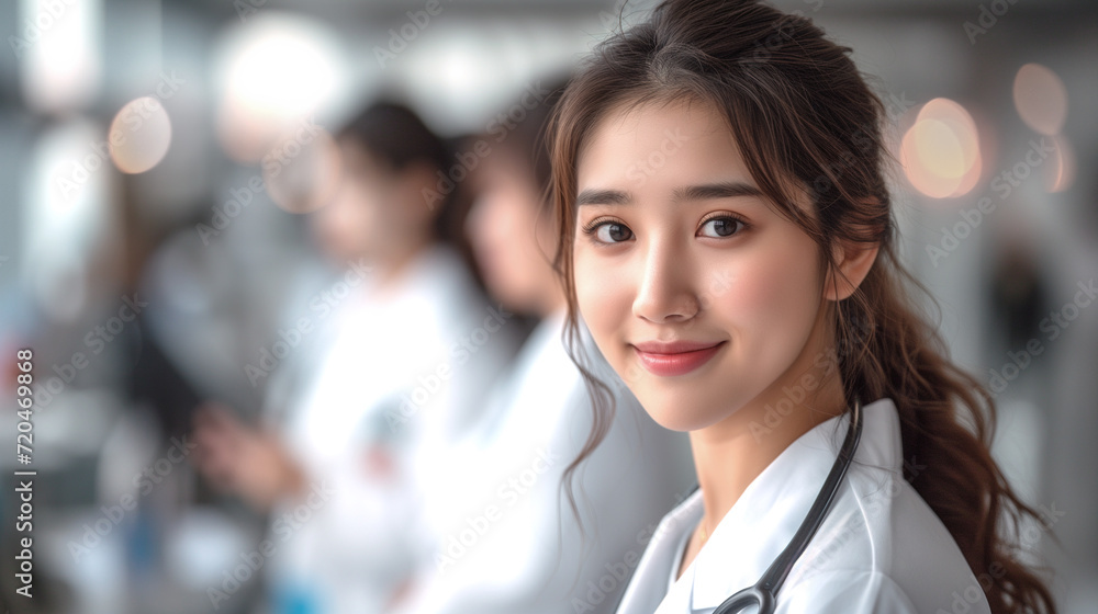 custom made wallpaper toronto digitalBeautiful and cheerful good mood young lady doctor dressed uniform smiling on lobby hospital background.