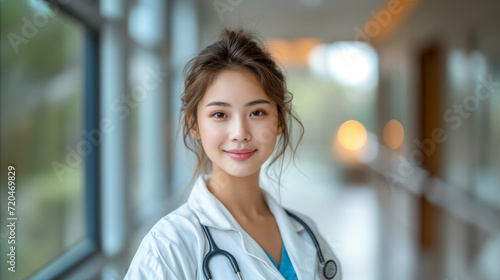 Beautiful and cheerful good mood young lady doctor dressed uniform smiling on lobby hospital background. © aekkorn