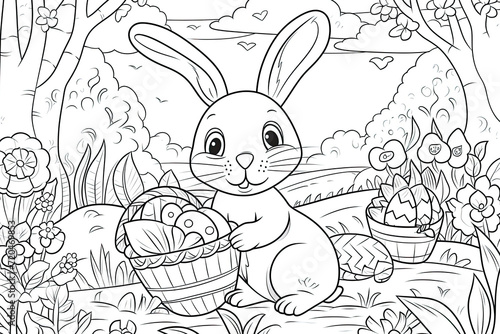 Coloring children book of Easter Rabbit With a Basket of Eggs in the Woods