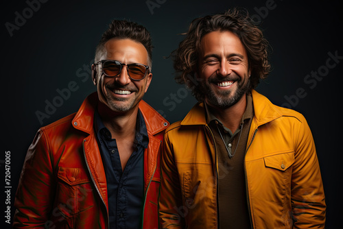 Two Happy Men Standing in Front of Black Background