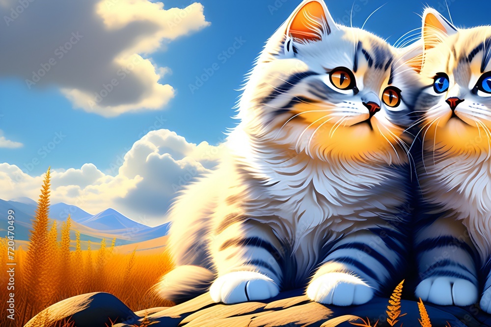Obraz premium two gray scottish fold cats loving each other in a hill under the blue sky. Generative AI