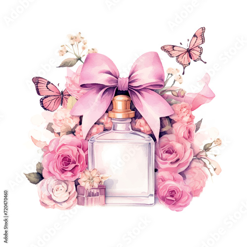 a beautiful perfume bottle with flowers and a bow on a white background, whole page illustration