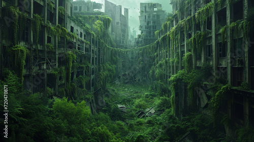 An eerie, post-apocalyptic cityscape, where nature has overtaken the urban ruins Abandoned buildings are enveloped in wild greenery, with haunting vines and dense flora creating a surreal lands