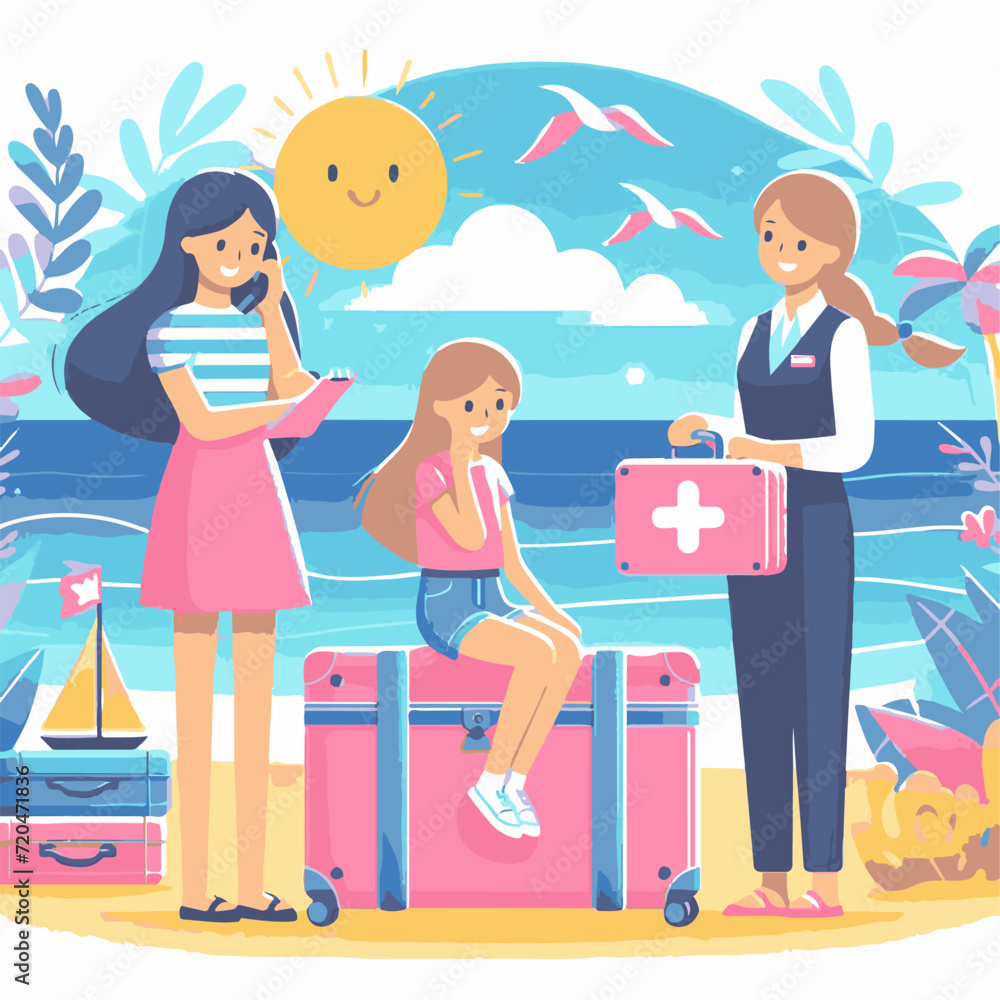 A flat illustration. Three girls with suitcases came to relax at the sea A flat illustration. Three girls with suitcases came to relax at the sea