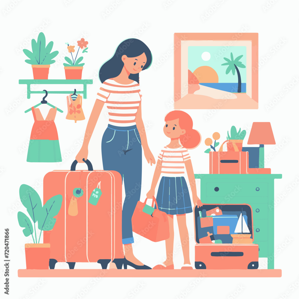 Mom and daughter pack a suitcase for a summer trip to the sea on vacation Mom and daughter pack a suitcase for a summer trip to the sea on vacation