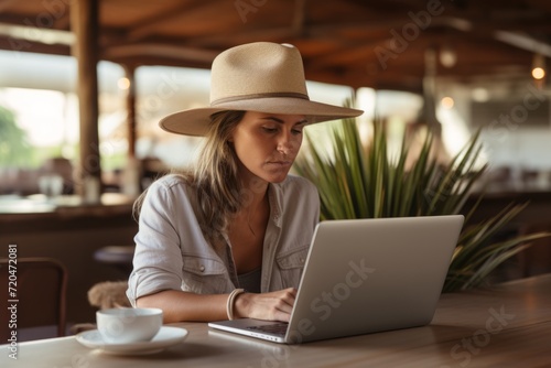 Successful focused millennial Caucasian female woman businesswoman lady traveler tourist online networking laptop notebook device typing computer indoor cafe restaurant travelling vacation remote work