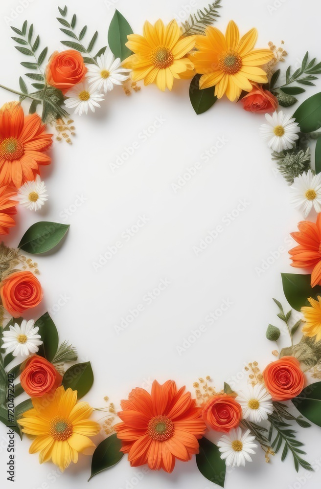 wreath made of colorful vibrant flowers with copy space on white background for greeting card. wreath made of colorful vibrant flowers with copy space on white background for greeting card.