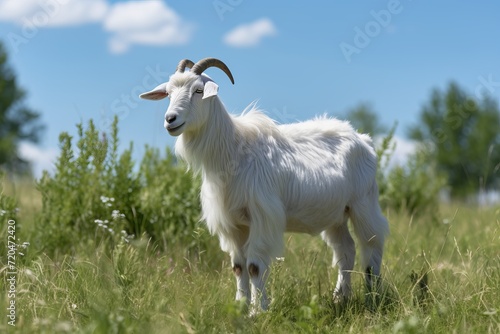 Serene goat grazing peacefully on a beautiful sunlit meadow in the warm embrace of summer