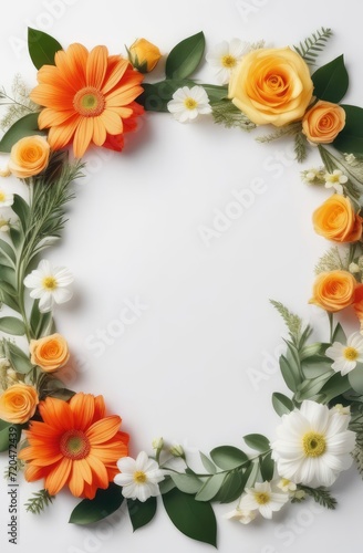 wreath of colorful vibrant flowers  herbs with copy space on white background for greeting card