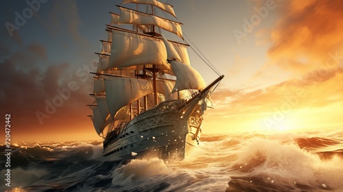 Sailing ship in sunset with rainstorm and atmospheric fog for dramatic maritime photography
