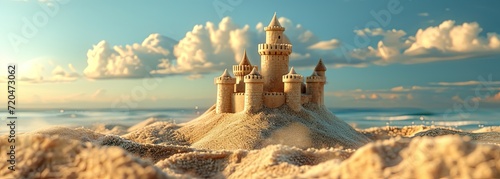 A sandcastle sculpture proudly adorns the beach during a summer getaway.
