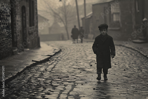 black and white photo of a boy standing on a cobble stone street