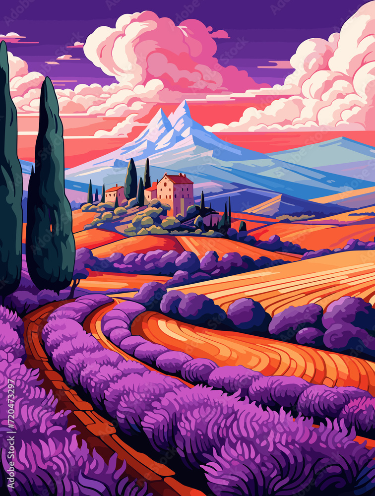 Illustration of Lavender Fields Travel Poster in Colorful Flat Digital Art Style