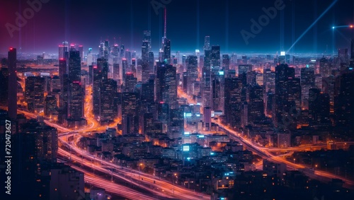 Urban Night Glow City Lights, Skyscrapers, and Evening Traffic